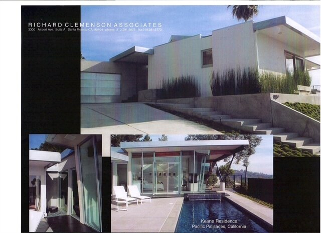 A collage of interior and exterior views of the Keane Residence in Pacific Palisades, designed by architect Richard Clemenson, showing modern glass walls, open living spaces, kitchen cabinetry, and outdoor connections.