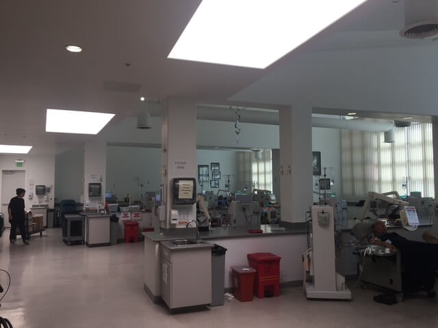 Wide view of the main dialysis treatment area, showing patient stations, clean circulation paths, and soft daylight filtering through vertical windows.