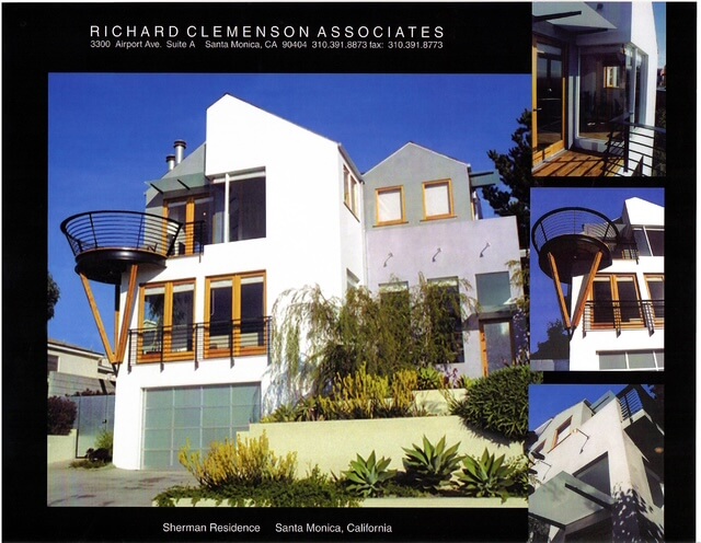 Architectural presentation sheet showing multiple views of the Sherman Residence in Santa Monica, designed by Richard Clemenson, including the front façade with curved balcony and detailed exterior elements.