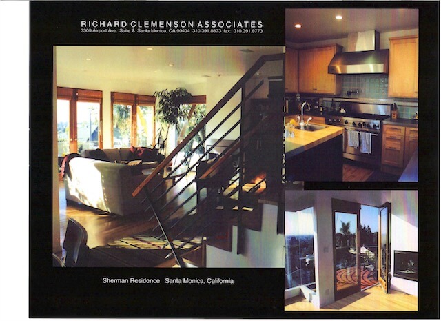 A presentation board of the Sherman Residence showing interior staircase lighting, modern kitchen cabinetry, and an exterior patio and balcony area.